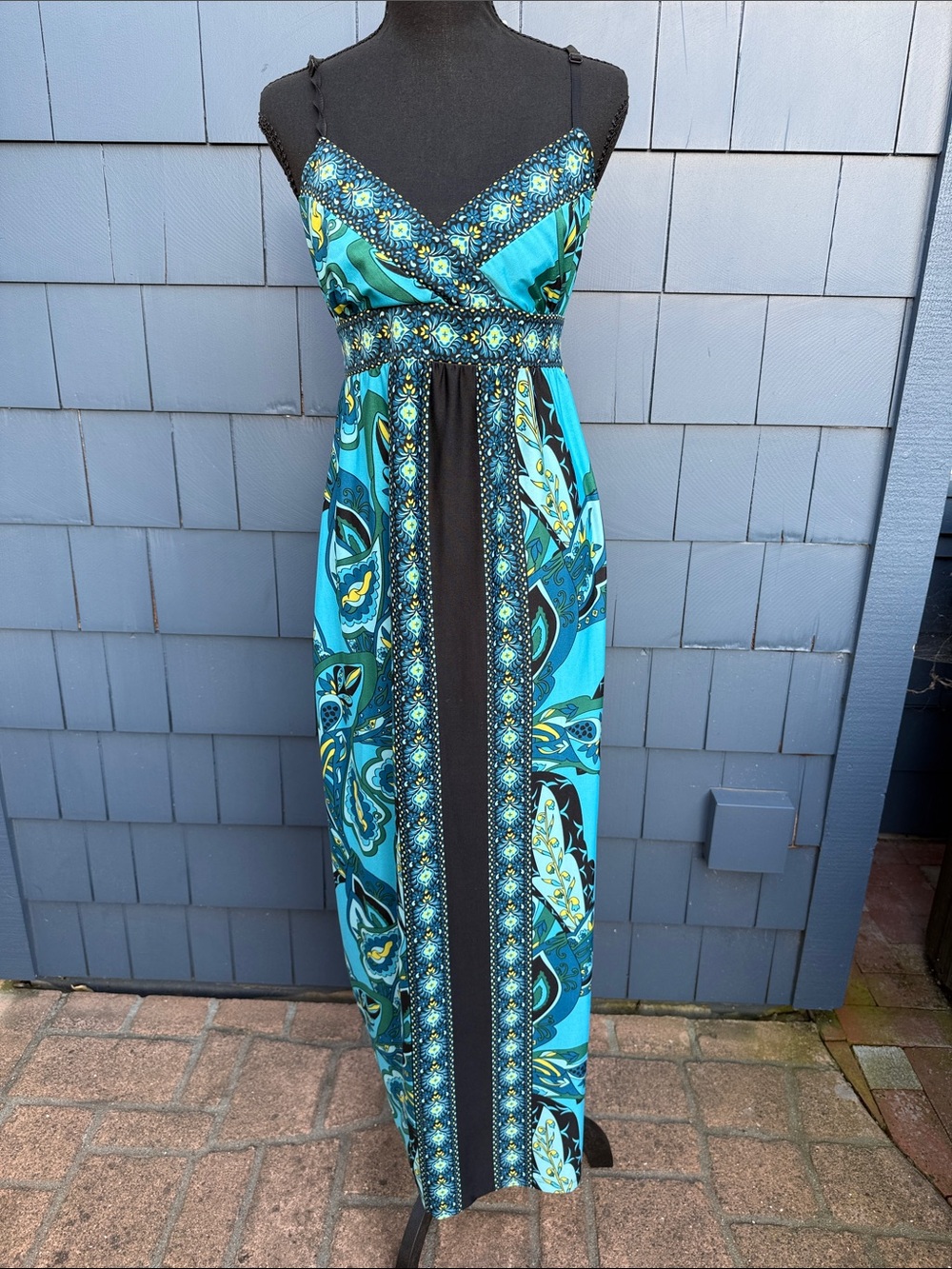 Snap Turquoise and Black Printed Maxi Dress medium 70’s style blue retro